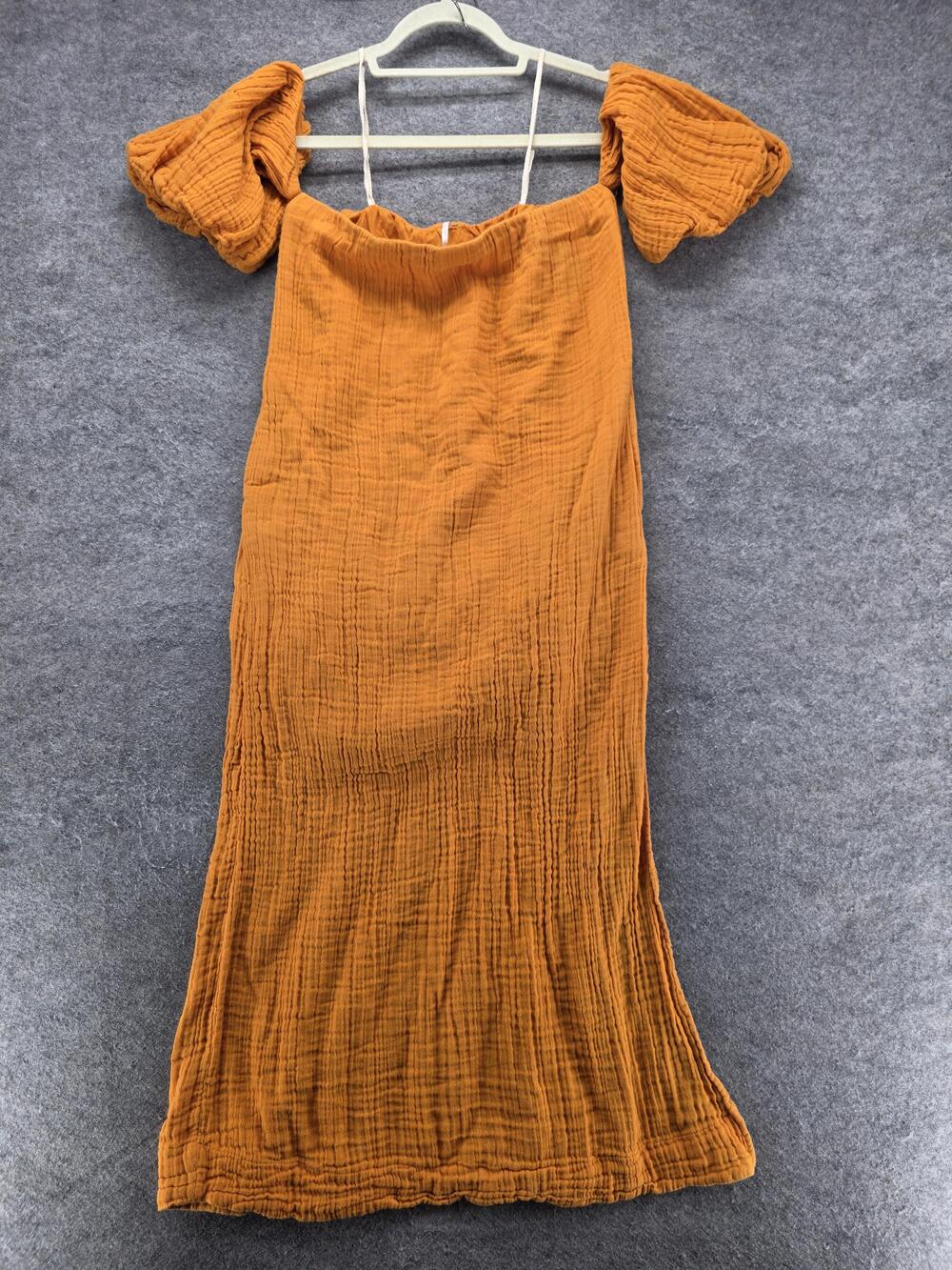 Free People Dress Womens XS Orange Maxi Sundress Off Shoulder Puff Sleeve